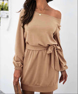 Boat Neckline Long Sleeve Dress